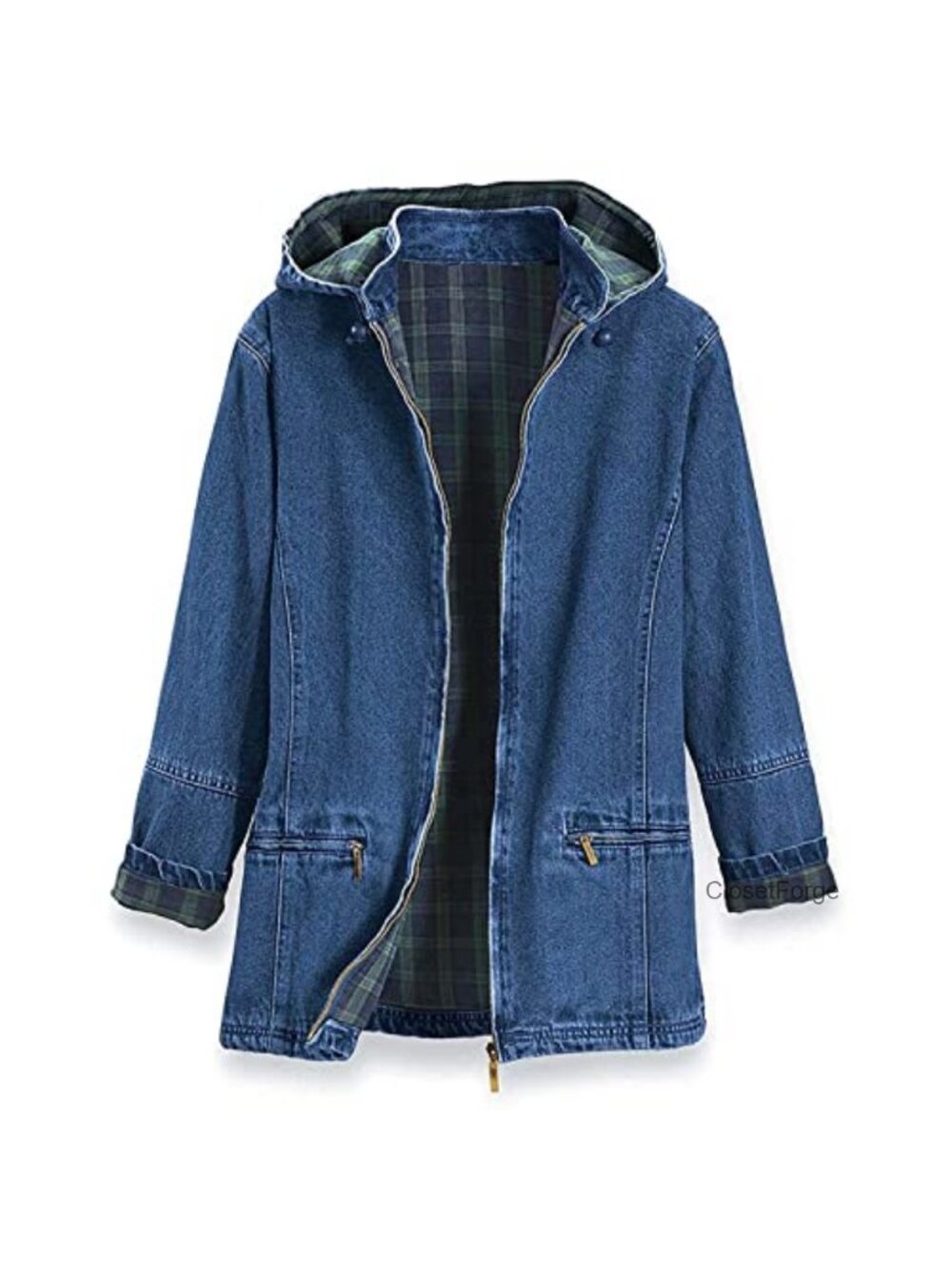 Flannel Lined Denim Jacket with Detachable Hood Zip Front